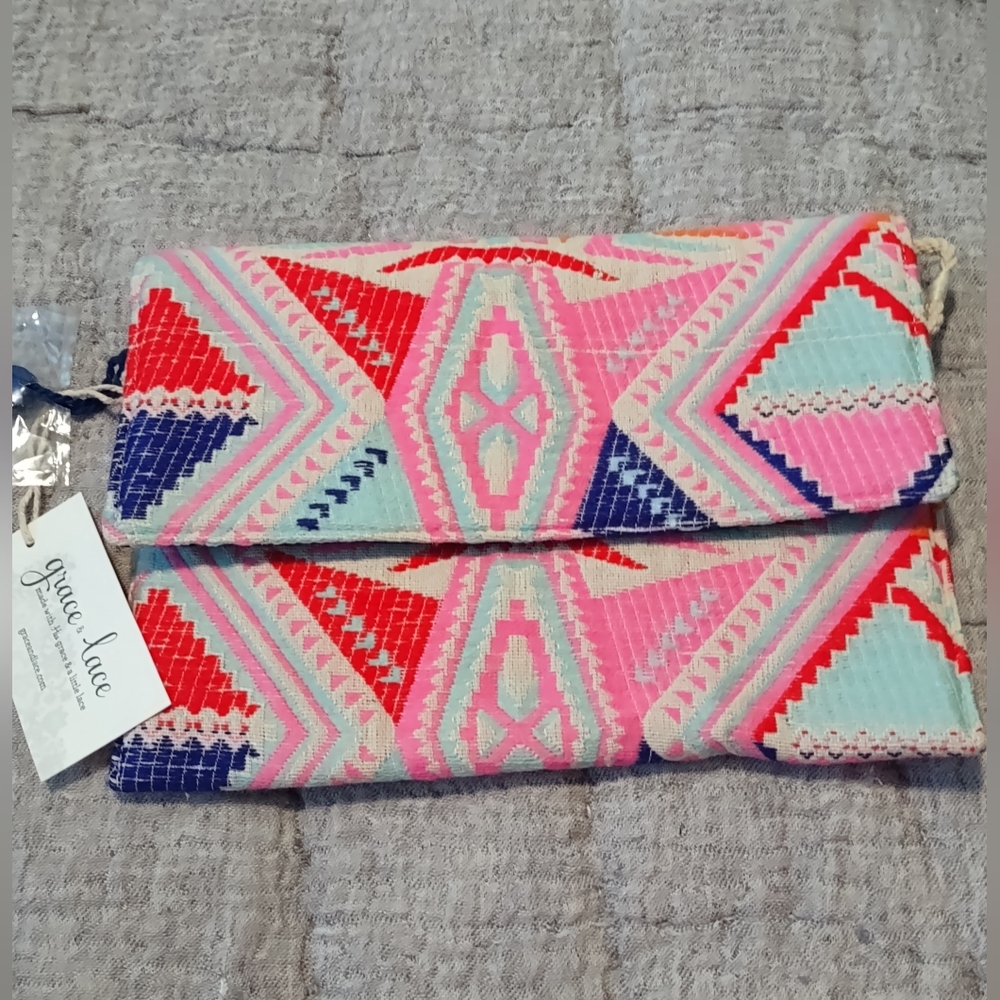 NWT Grace & Lace Red and Blue Geometric Clutch Purse